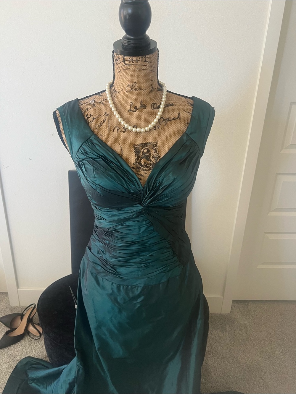 Teri Jon Deep Teal Ruched V-Neck Evening Gown